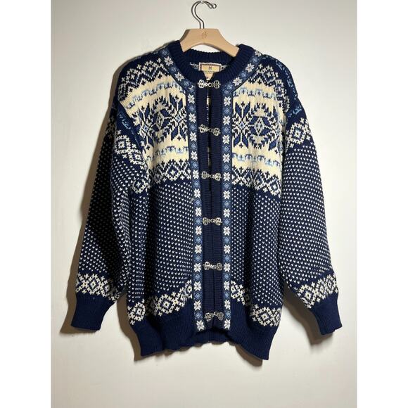 VTG Dale of Norway Women's Navy Blue Fair Isle Nordic Cardigan Wool Sweater L - Picture 1 of 10